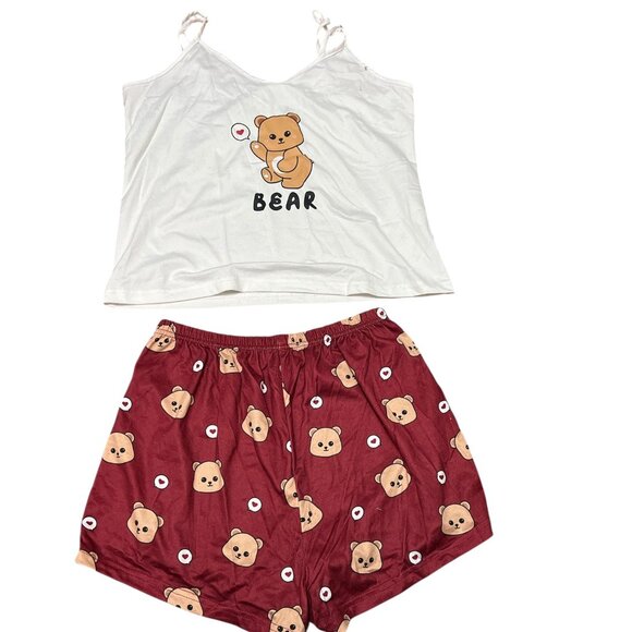 Bear Print Lettuce Trim Cami Top & Shorts PJ Set / Pajama Set - Picture 1 of 1